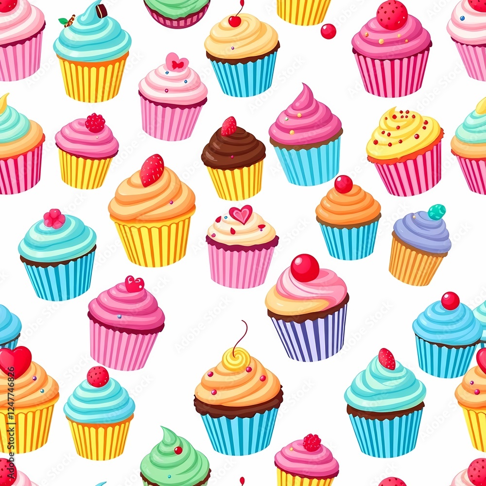 Poster sweet treats seamless pattern: a delightful array of colorful cupcakes, each adorned with whimsical 