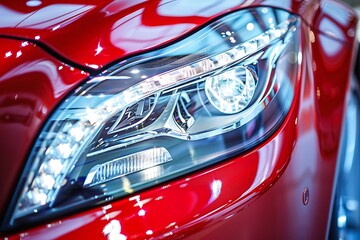 Closeup of the headlight of a modern red car