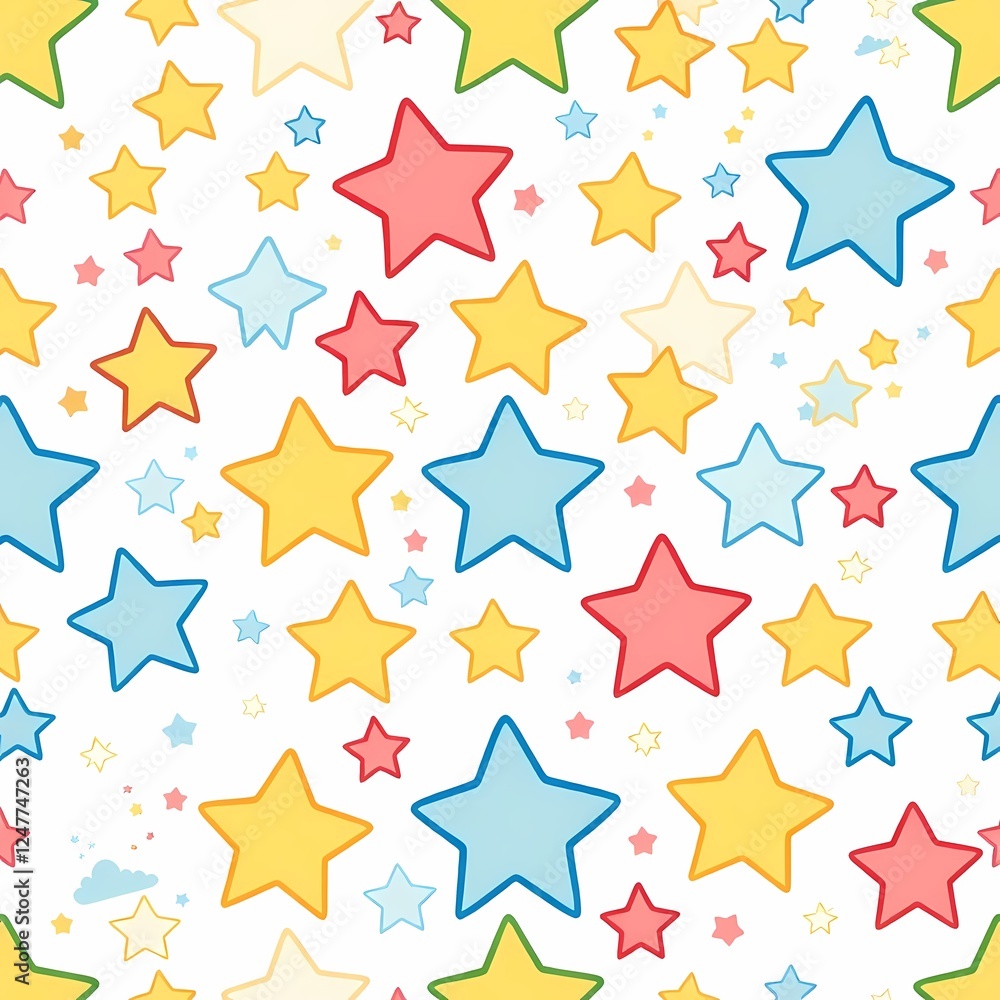 Poster starry seamless pattern: a cheerful and vibrant seamless pattern featuring colorful stars of various