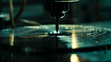 Close-up of CNC machine cutting metal with bright sparks in a high-tech factory