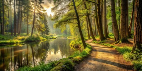 Serene Pathway Winding Through a Sunlit Forest Beside a Tranquil Reflecting Pond
