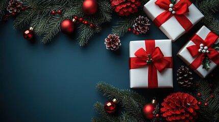 Christmas elegance White gifts with red ribbons, ornaments, and festive foliage create a classic scene on blue.
