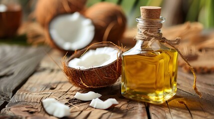 Coconut oil in a glass bottle on a wooden table