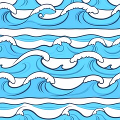 Seamless Ocean Waves Pattern: A vibrant and dynamic pattern of cascading ocean waves in shades of blue, rendered in a bold, stylized cartoon style.