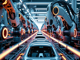 Futuristic robotic arms efficiently assembling components on a state-of-the-art car production line, surrounded by advanced machinery and vibrant neon lights, creating a sleek, high-tech atmosphere