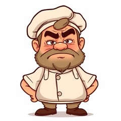Grumpy Chef Cartoon: A grumpy-looking chef, illustrated in a cartoon style, stands with his arms crossed, sporting a classic white chef's hat and a thick beard.