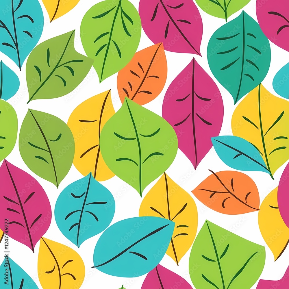 Poster vibrant leaf pattern: a cheerful, seamless pattern featuring stylized leaves in a spectrum of bright