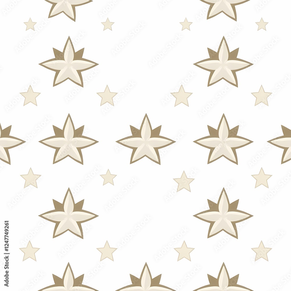 Poster Elegant Star Pattern: A sophisticated seamless pattern featuring a repeating motif of large and small beige stars on a  background, perfect for various design applications. 
