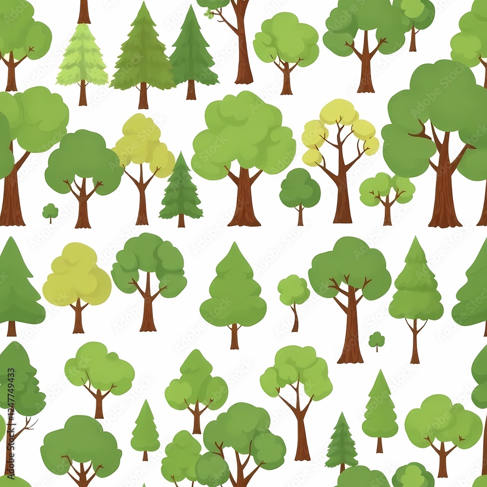 Poster forest pattern: a cheerful seamless pattern featuring a variety of stylized trees in vibrant greens 