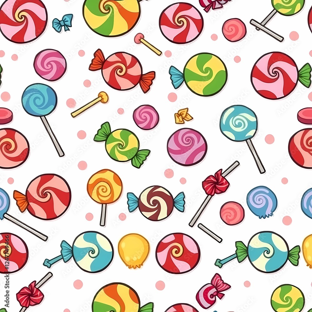 Poster candy dreams: a whimsical seamless pattern bursting with colorful lollipops and swirls of candy. per