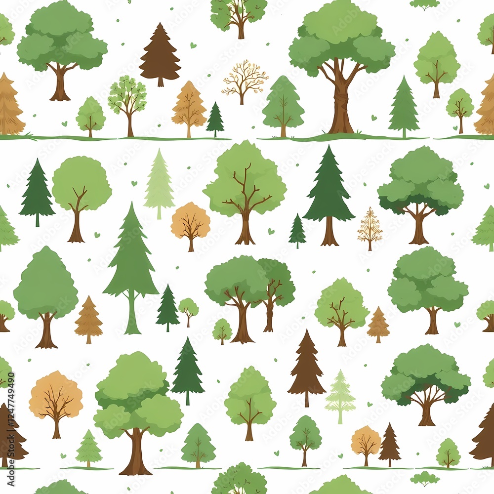 Poster tree pattern: a vibrant and playful seamless pattern featuring a diverse array of stylized trees in 