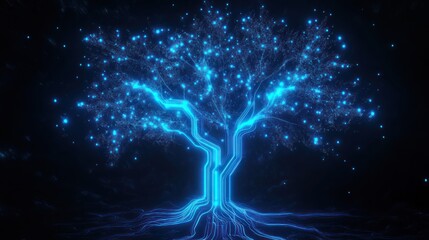 Glowing digital tree, dark background, technology concept, website banner