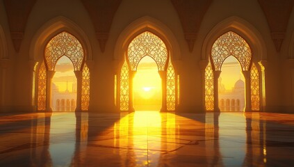 Sunset view through ornate arches in a grand hall.