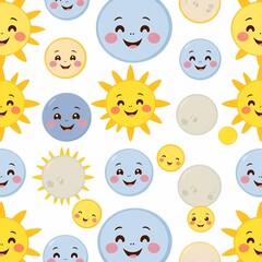 Happy Sun and Moon Pattern: A cheerful, repeating pattern featuring smiling suns and moons in various shades of yellow and blue, perfect for kids' textile designs and bright, playful backgrounds. 