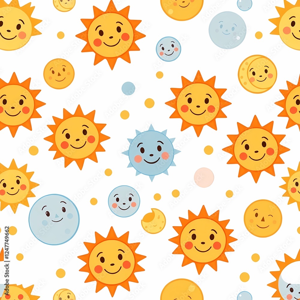 Poster happy sun and moon pattern: a cheerful, repeating pattern featuring smiling suns and moons in a vari