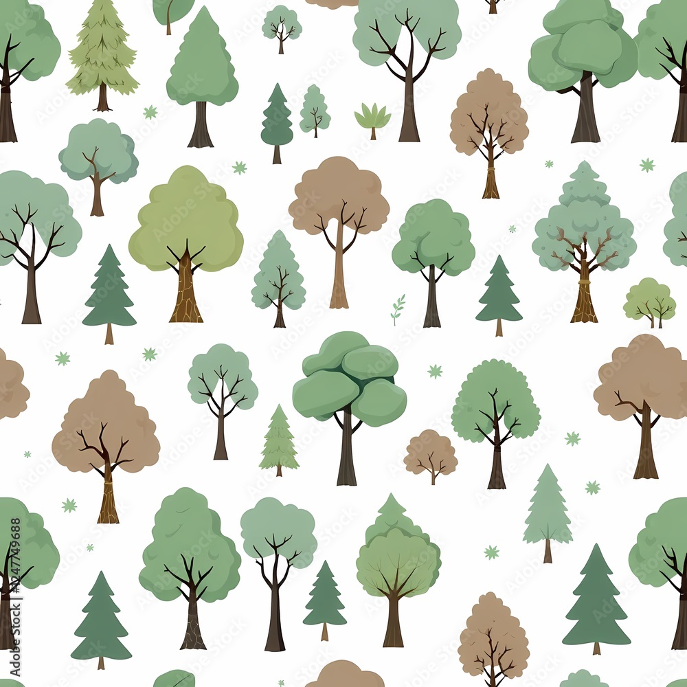 Poster forest canopy repeat pattern: a charming seamless pattern featuring a diverse array of stylized tree