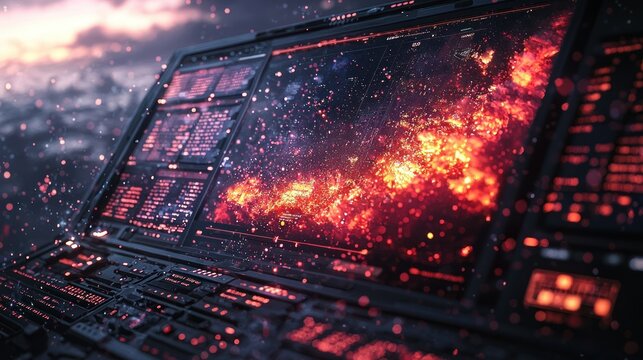 Fiery map on futuristic console, apocalyptic background, disaster monitoring - Powered by Adobe