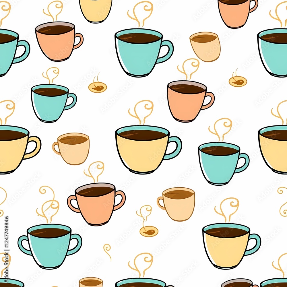 Poster coffee cups pattern: a cheerful and vibrant seamless pattern featuring an array of pastel-colored co