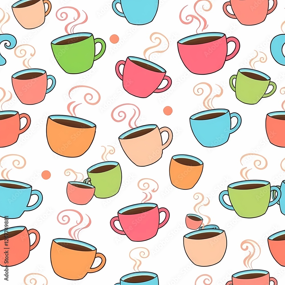 Poster colorful coffee cups pattern: a cheerful and vibrant seamless pattern featuring an array of colorful
