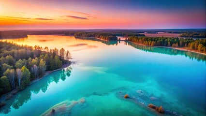 Fototapeta premium Serene Sunset Over a Picturesque Inland Lake with Vibrant Teal Waters and Lush Green Shores
