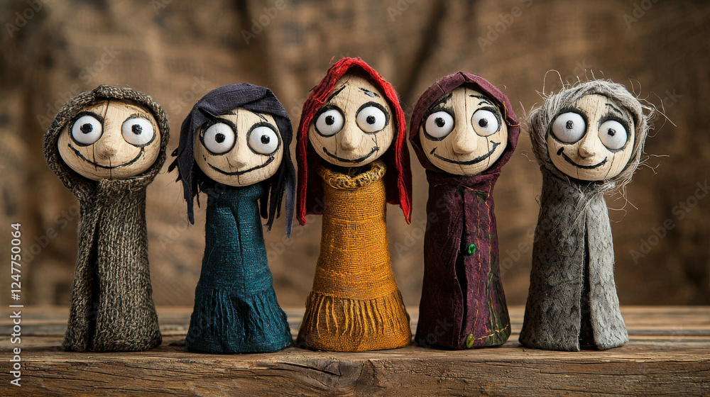 Aufkleber unique handmade puppets with distinctive features and charming expressions on display