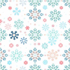 Winter Wonderland: A whimsical, festive seamless pattern featuring pastel-colored snowflakes, perfect for wintery designs, festive packaging, or seasonal decorations.