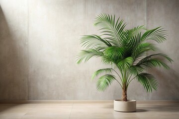 Serene Indoor Palm Tree in a Neutral Room Setting, Featuring a Textured Wall and Soft Lighting