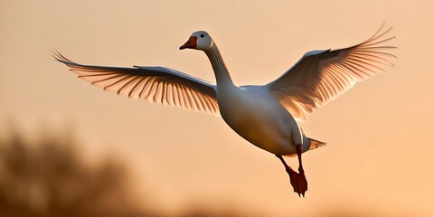 Fototapeta premium Elegant white swan in mid-flight against a warm golden sunset sky. The bird's wings are fully extended, capturing the beauty and grace of nature in motion. Perfect for backgrounds and wildlife themes 
