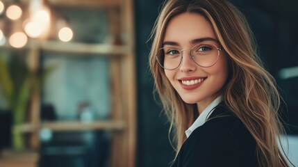 Obraz premium A cheerful young woman sits in a modern cafe, showcasing her trendy glasses and radiant smile. The warm lighting and stylish decor create an inviting atmosphere for conversation and relaxation