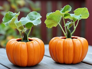 Two Mini Pumpkins with Sprouts on a Wooden Table, Autumn Harvest