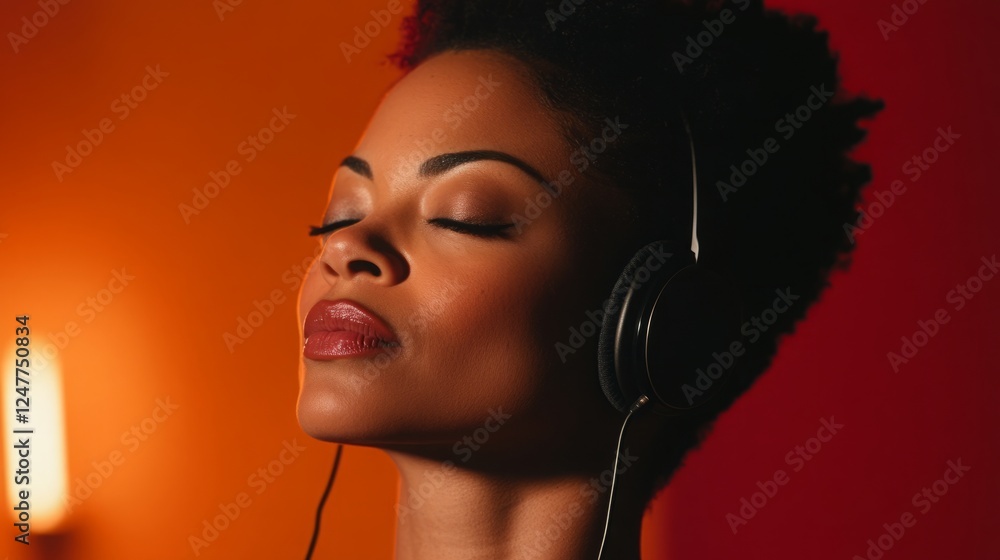 Wall mural A retro-inspired album cover for a jazzy female musician listening to relaxed vibrations with her headphones, combining melancholic lighting and classic design elements