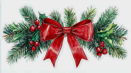 Festive Holiday Arrangement with Red Bow and Evergreen Foliage