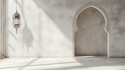 Sunlit Room with Ornate Arch and Hanging Lantern