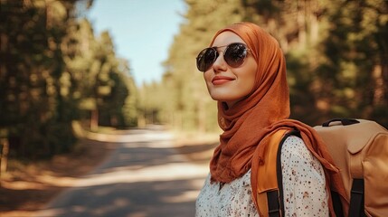 Confident young muslim woman in hijab enjoying nature during her travels