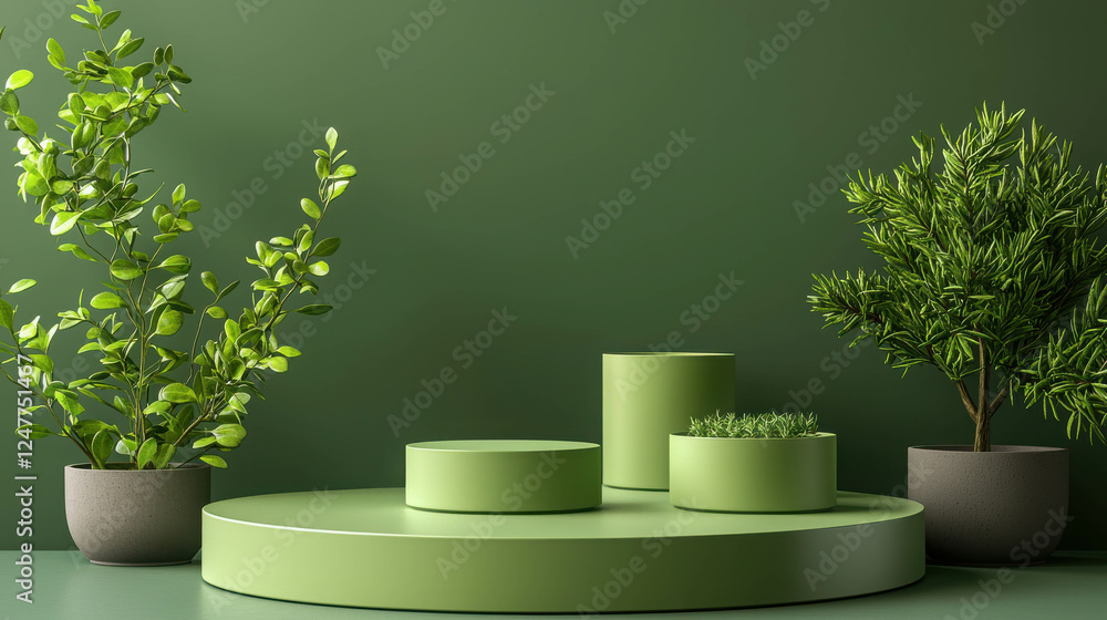 Poster modern 3d rendered display platform with green plants on simple background