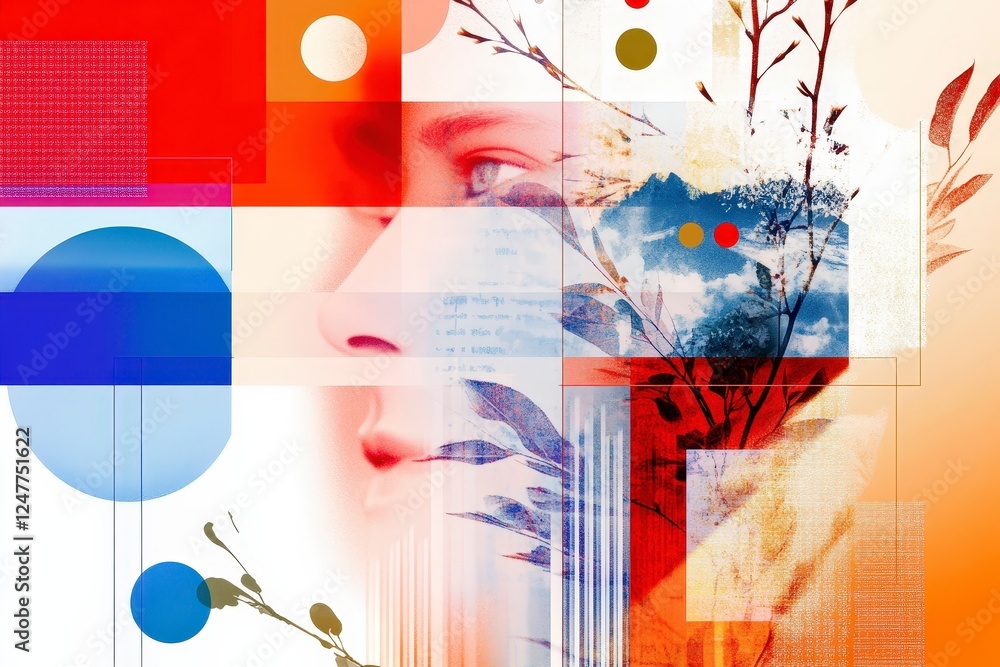 Poster abstract portrait with colorful shapes and textured background