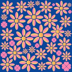 Gradient pink and yellow floral pattern on a blue background, giving a cute and refreshing feeling, seamless floral pattern