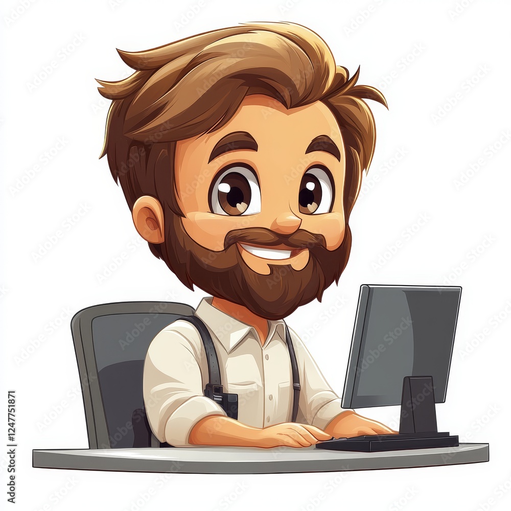 Poster smiling employee working at desk in vector style on white background