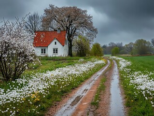 Countryside Cottage Path Under Cloudy Sky
