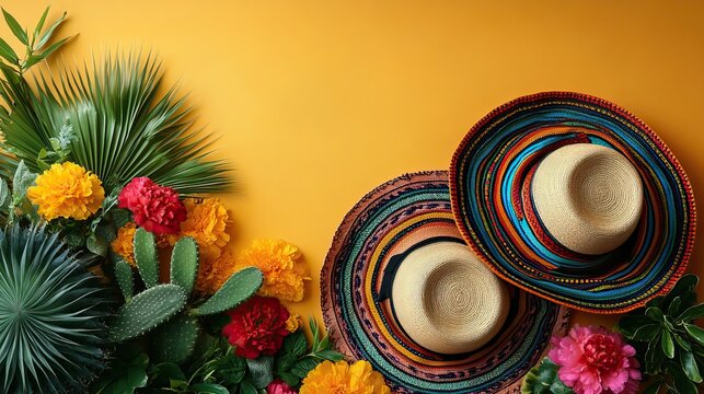 Cinco de Mayo themed top view arrangement Sombreros, funny cactus with mustaches, and serape on a yellow backdrop, excellent for event promotions.