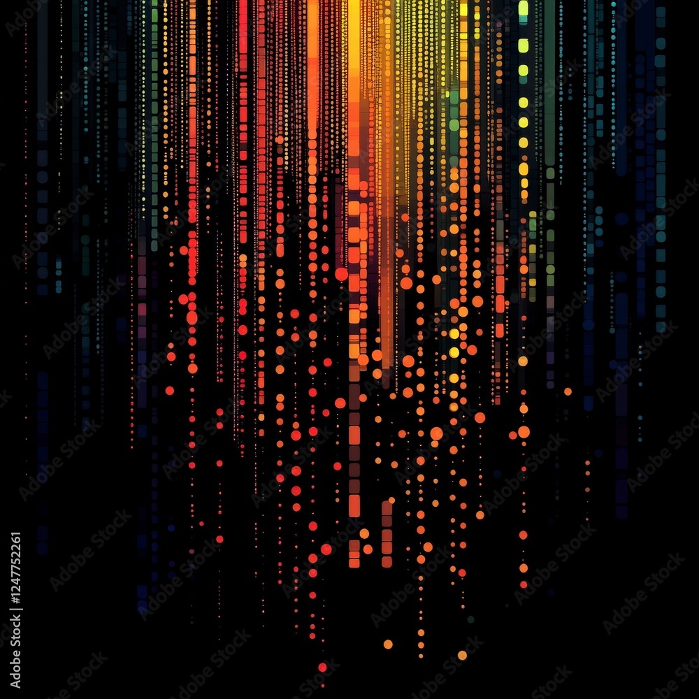 Poster colorful abstract pattern with vertical lines and dots on black background