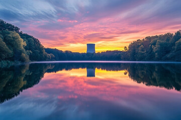 Nuclear Power Plant at Sunset over Lake with Reflection and Colorful Sky
