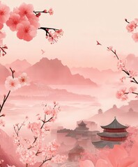 Serene Cherry Blossom Landscape with Mountains and Traditional Structures