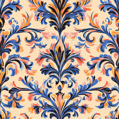 Ornate floral pattern with blue and orange swirls
