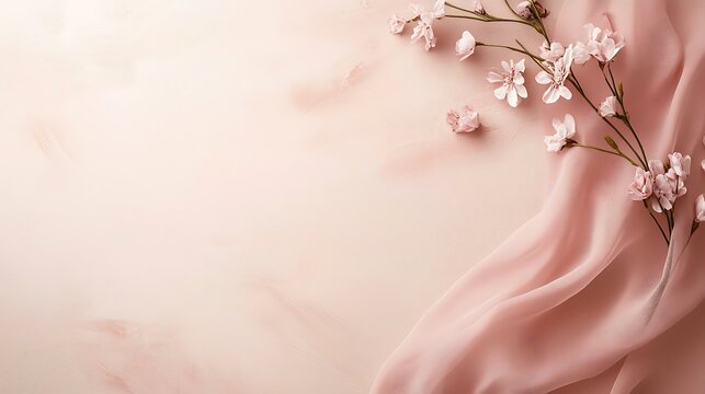 Delicate pink flowers on blush fabric background