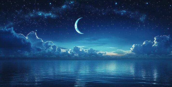Serene night scene with crescent moon over calm ocean and starry sky.
