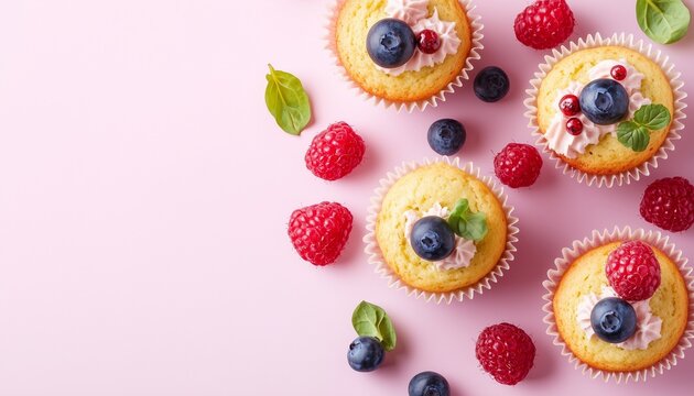 Sweet muffin cake cup with blueberry and raspberry fruit topping