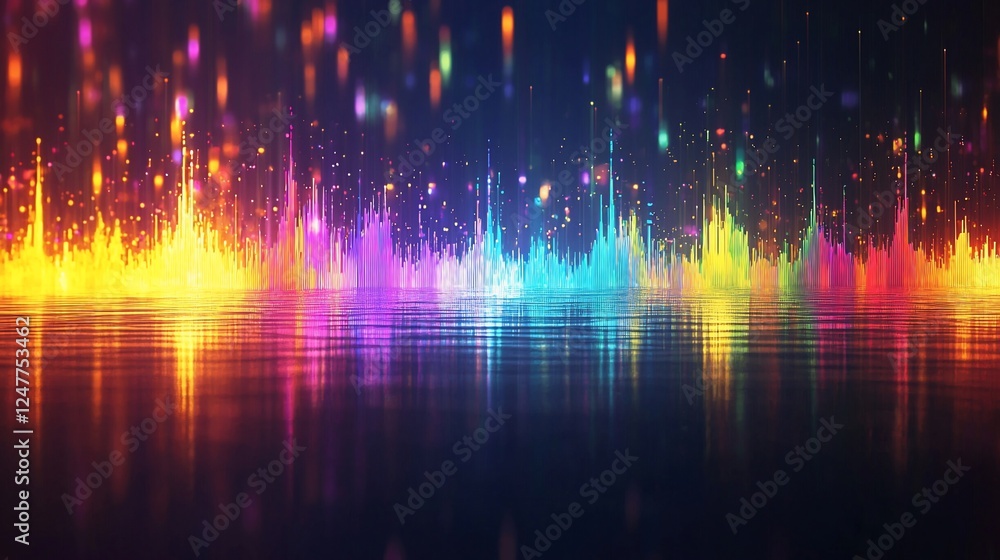 Poster colorful abstract sound wave visualization with reflection.