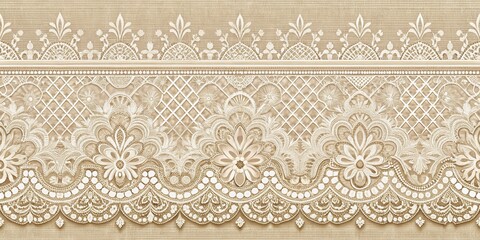Elegant Cream-Colored Lace Border with Intricate Floral Design and Beaded Accents on a Textured Background
