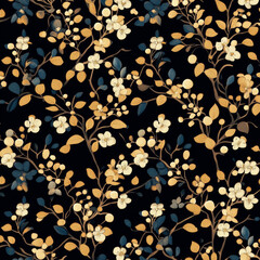 Floral pattern with branches and leaves on black background